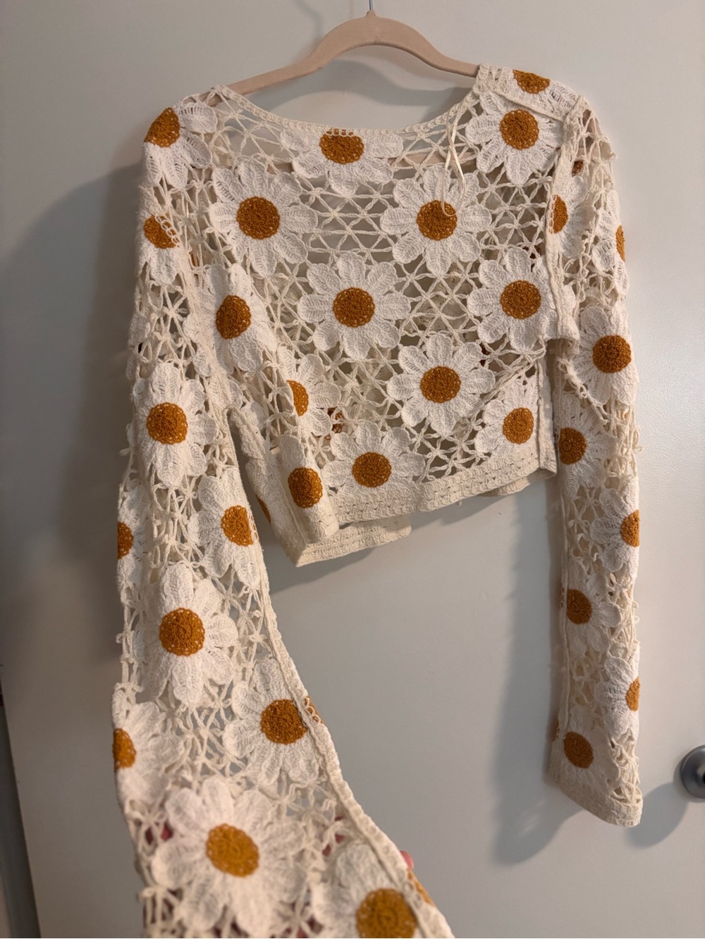 Anthropologie Crochet Daisy Tie-Front Cardigan - Cream with Mustard - Picture 5 of 5